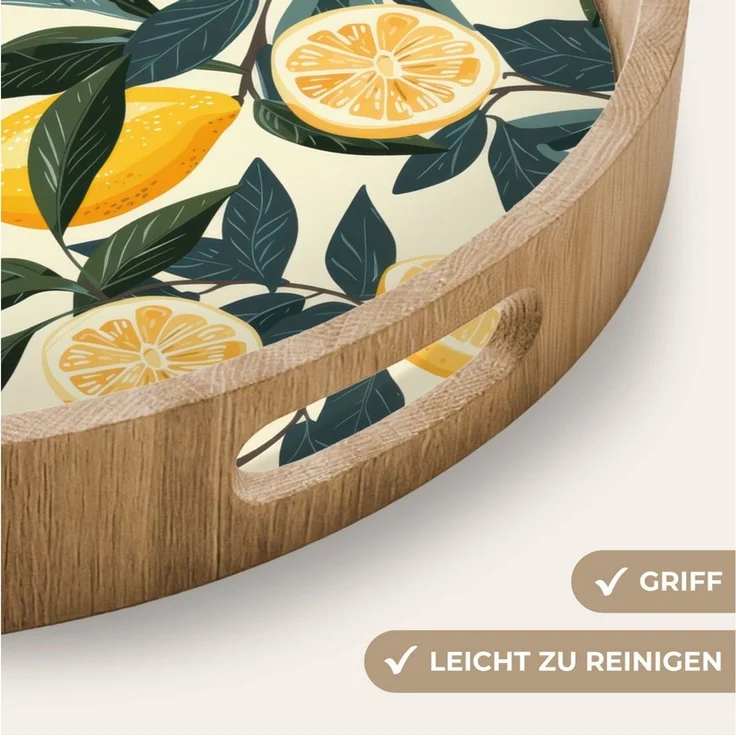 OnlyWow Tablett Rund mit Henkel Zitronen - Früchte - Blätter - Gelb - Grün - Beige, Eichenholz, (1-tlg), Siervierplatte, Tray, Frühstücksbrett – Bild 3