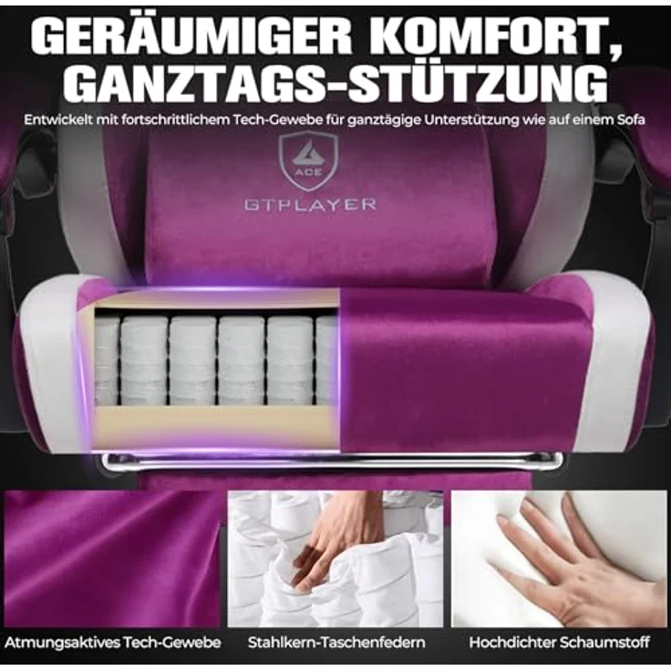 GTPLAYER Gaming Stuhl Ergonomischer, PC Stuhl Atmungsaktiver Stoff, Groß und Hoch Drehbarer Schreibtischstuhl mit Fußstütze,Verstellbare Lendenwirbelstütze und Kopfstütze,Lila – Bild 5