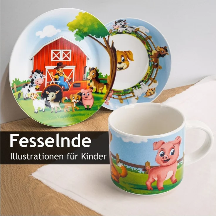 MiaMio Kindergeschirr-Set Farm Motiv Grün (3-tlg), 1 Personen, Keramik, Teller, Schüssel und Tasse mit Kindermotiv – Bild 3