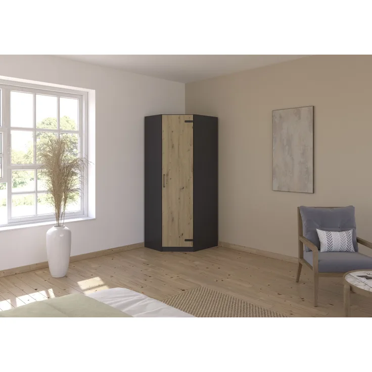 Eckkleiderschrank >Butte< in Eiche Artisan Dekor / grau - 85x197x72 (BxHxT)