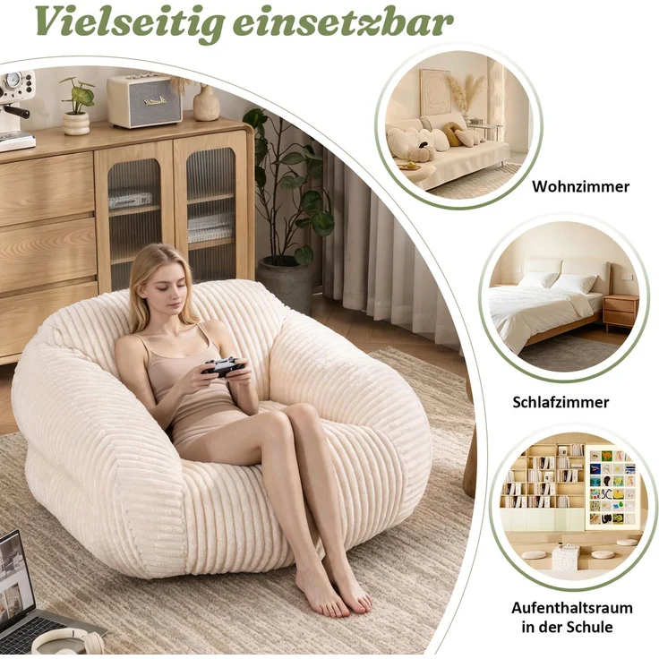 Sitzsack für Erwachsene, flauschiger Loungesessel Cord, vakuumverpackt und montagefrei, für Wohnzimmer, Schlafzimmer, Balkon(Beige)--Beige--116x110x61cm--YOUDENOVA – Bild 6