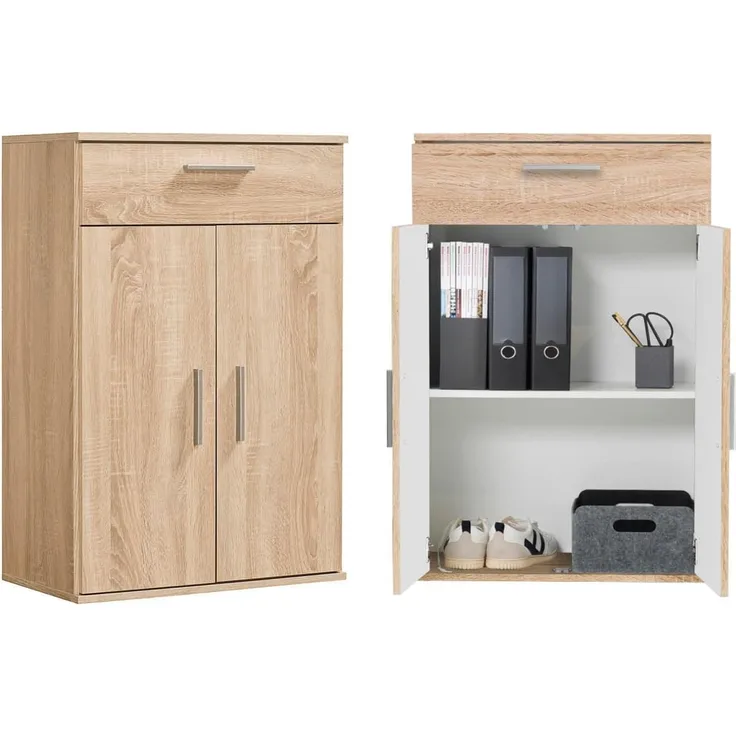 mokebo® Mehrzweckschrank 60cm Breite mit Schubladen & Einlegeböden 'Der Praktische' kurzer Schubladenschrank in Sonoma Eiche, Kleiner Schrank & Midischrank braun | 60 x 91 x 34 (B/H/T in cm)