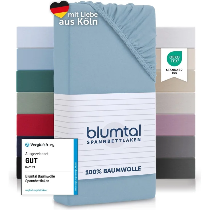 Blumtal® Baumwolle Spannbettlaken für Topper 180x200 cm Basics Jersey - Bettlaken 180x200 cm - Oeko-TEX zertifiziertes Spannbetttuch 180x200 - Topper Spannleintuch 180x200 - Betttuch - Dusk Blue – Bild 1