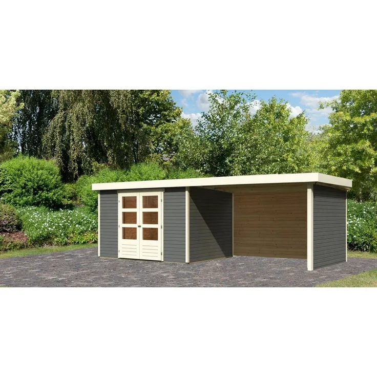 Gartenhaus Askola 5, 302 x 246 cm plus Anbaudach 2,80 m mit Wänden, 19 mm Holz terragrau, Karibu