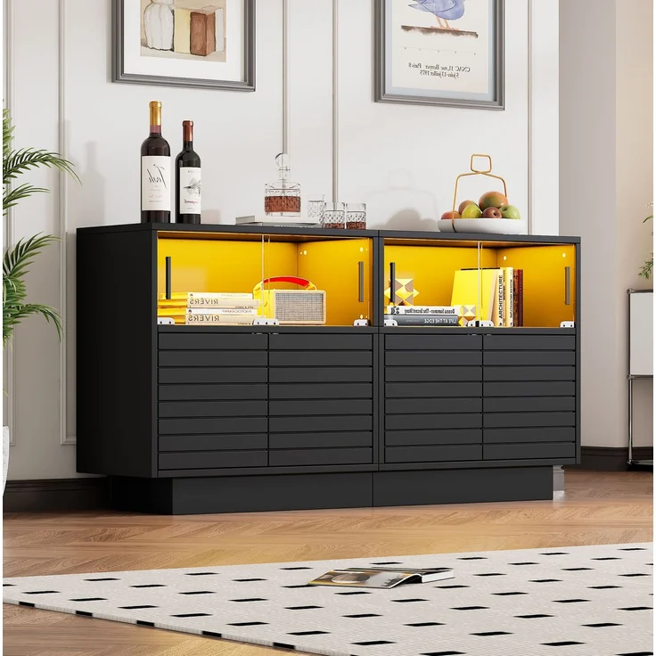 DESVIAE Sideboard mit LED-Beleuchtung und Glasschiebetüren 130x68x35 cm Spanplatte Schwarz – Bild 3