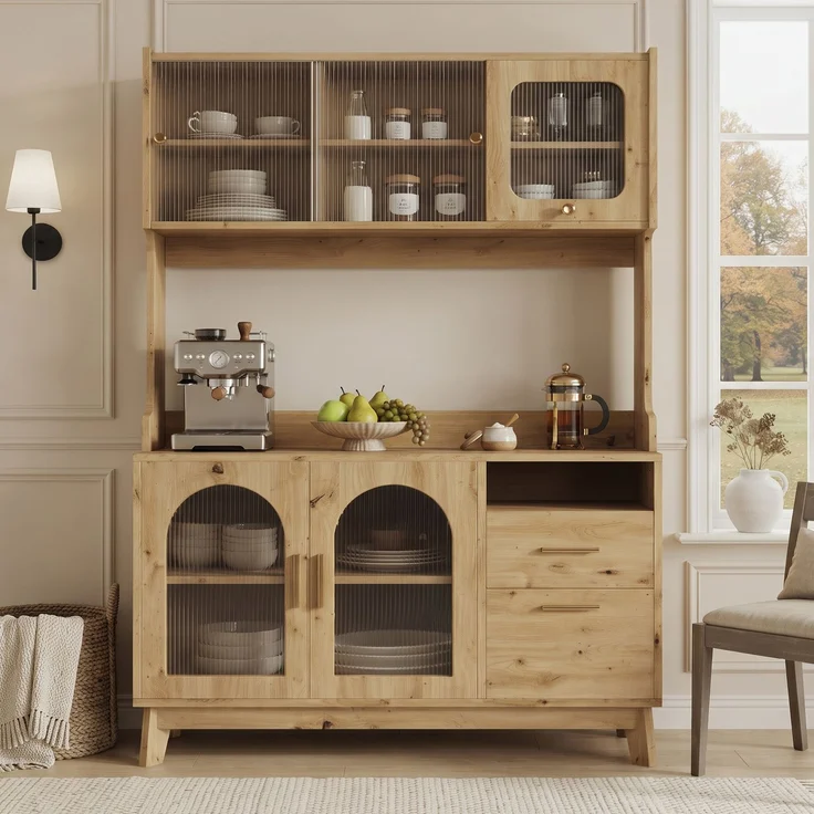 ZUBALIYA Buffetschrank 120 x 40 x 178 cm, mit Acrylglasfront, 2 Steckdosen, USB-A und USB-C, verstellbaren Einlegeböden, Holzfarben – Bild 4