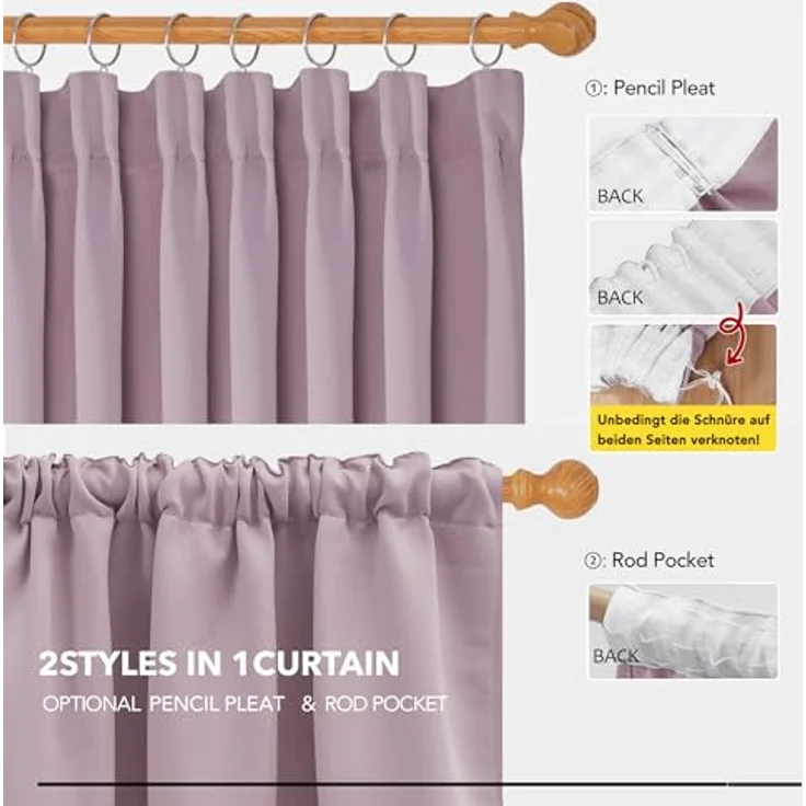Deconovo Gardinen Kräuselband für Schienensystem Thermovorhang Hellpink | 2er Set, H 160 x B 132 cm, Blackout Curtain, Schlafzimmer Gardinen, Vorhänge Kurz, für Schienensystem, Schallschutz Vorhang – Bild 6
