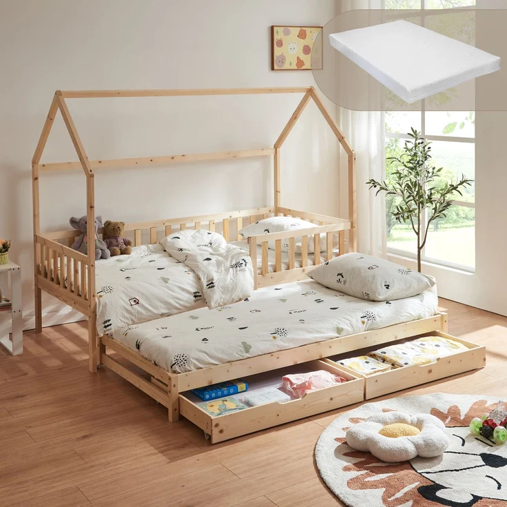 Doppel-Kinderbett Aarghonmaa mit Matratze 90x200 cm Kiefernholz Natur [en. casa] – Bild 1