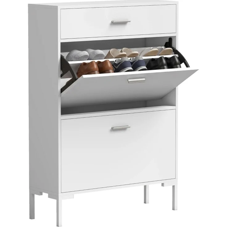 DESVIAE Garderobenschrank Schuhschrank Weiß aus MDF/Metall – 75x110x26 cm – 2 Klappfächer, Schublade – Bild 5