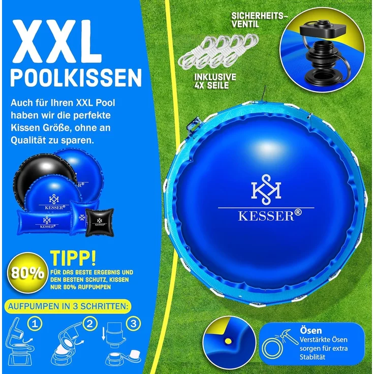 KESSER® Poolkissen Winter | Poolabdeckung mit Doppelnaht Whirpools | Luftkissen Pool Abdeckung Überwinterung | Abdeckung Einbaupools Winter | PVC wasserdicht & UV-beständig mit 4x Seile Blau, 400cm, Rund – Bild 4