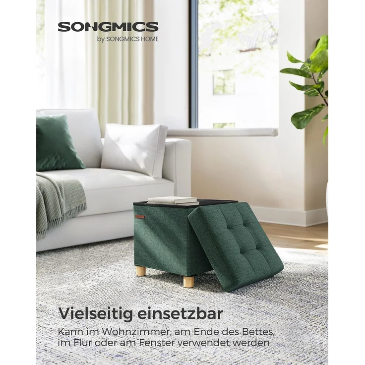 Songmics Sitzbank mit Stauraum, Schuhbank, klappbare Sitztruhe, Aufbewahrungsbox, Fußbank, 38 x 38 x 40 cm, für Wohnzimmer, Schlafzimmer, vintagegrün – Bild 4