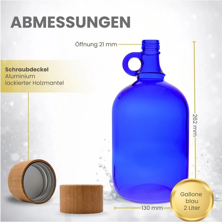 mikken Trinkflasche Henkelflasche 2000 ml blau mit Holzdeckel – Glasballonflasche Blauglas, UV-Schutz, XXL, Lebensmittelecht – Bild 2