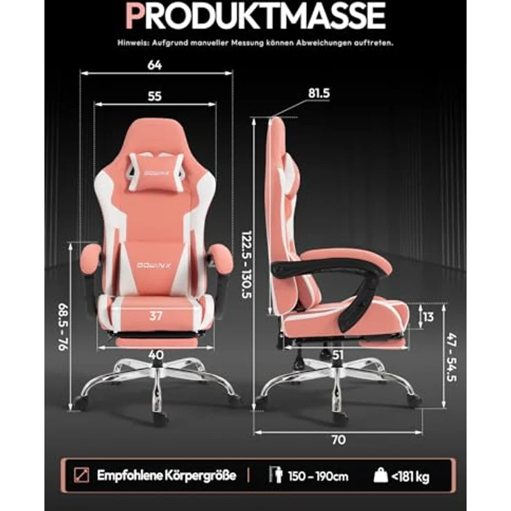 Dowinx Gaming Stuhl Bürostuhl Massage Gaming Sessel mit höhenverstellbaren Linkage-Armlehnen, ergonomischer Gamer Stuhl mit Fußstütze, gepolstert Gaming Chair 150° neigbar bis 180 kg, Rosa – Bild 4