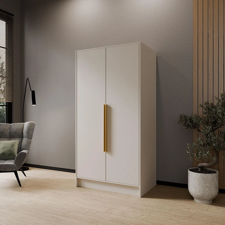 MEBLINI Kleiderschrank PORTINA 100cm - Kaschmir - mit goldfarbenen Griffen - Drehtürenschrank ohne Spiegel - Kleiderstangen und Regalböden – Bild 2