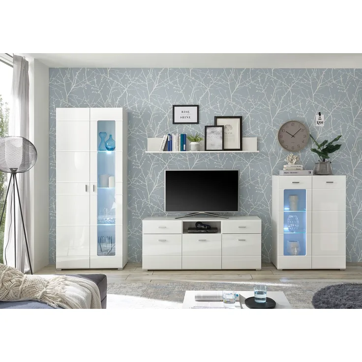 Hbz Meuble Wohnwand ENRIQUE - Wohnzimmer in Weiß-Weiß Hochglanz