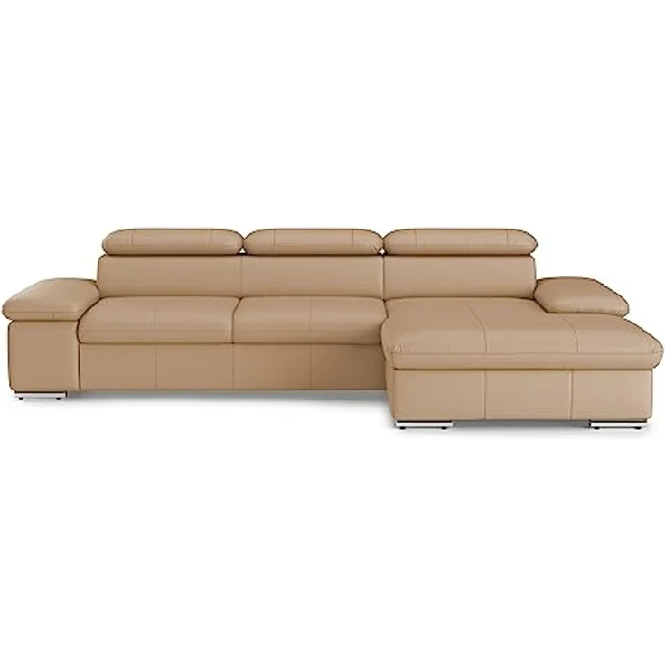 CAVADORE Leder-Ecksofa Valerie mit XL-Longchair / Eckcouch mit Kopfteilverstellung, großem Longchair + Metallfüßen / 286 x 73 x 174 / Echtleder Beige – Bild 6