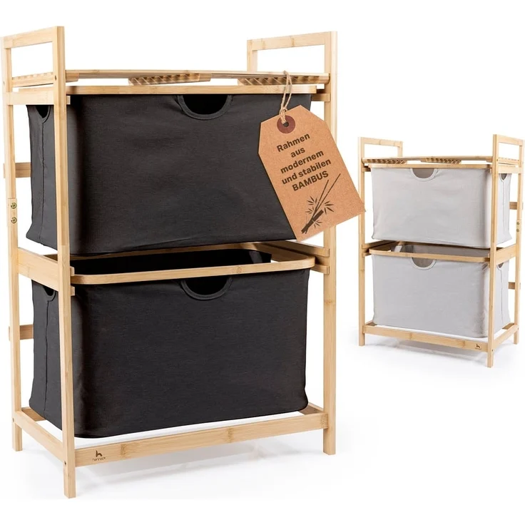 HENNEZ Badezimmerregal 2 Fächer | Bambusregal mit Ablage und 2 Körben | Badregal mit Schubladenboxen | Standregal – ideal als Kommode & Wäschesammler | Wäschesortierer mit Stoff Schubladen | Holzregal – Bild 2
