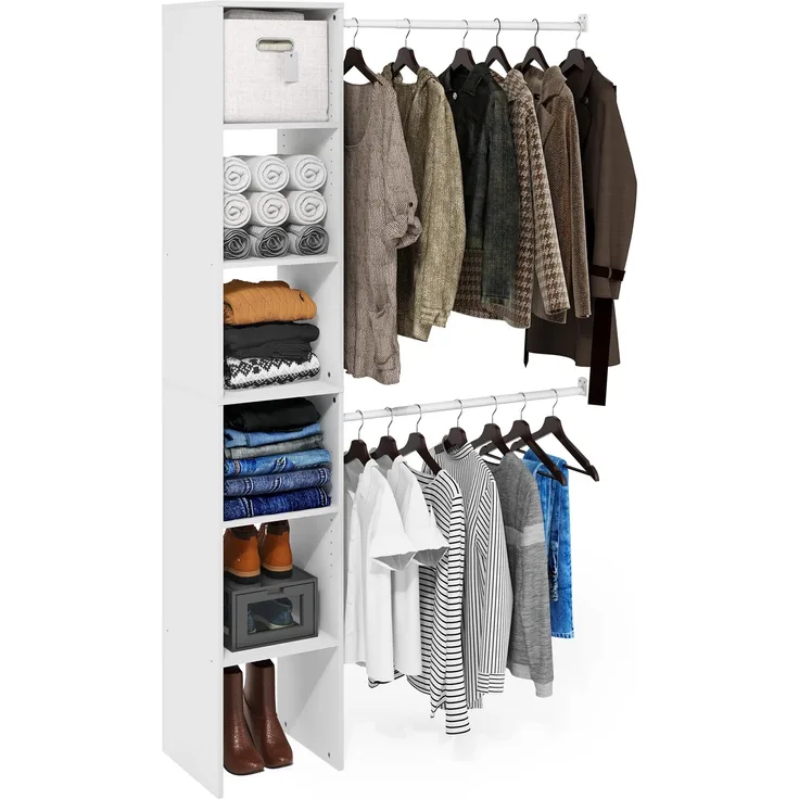 Furinno Fano Kleider- & Schrankaufbewahrungs-Organizer Regal-Turm mit 2 Kleiderstangen, Weiß