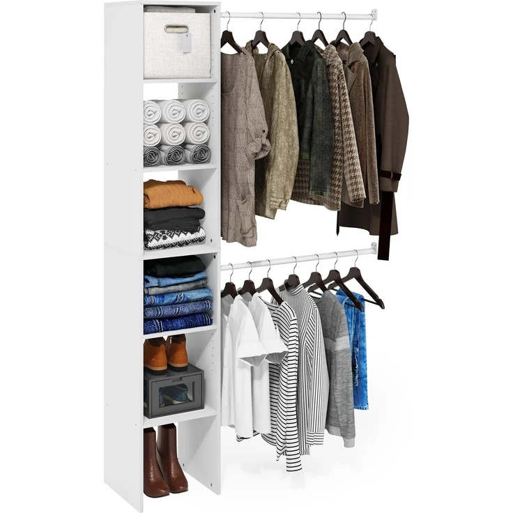 Furinno Fano Kleider- & Schrankaufbewahrungs-Organizer Regal-Turm mit 2 Kleiderstangen, Weiß
