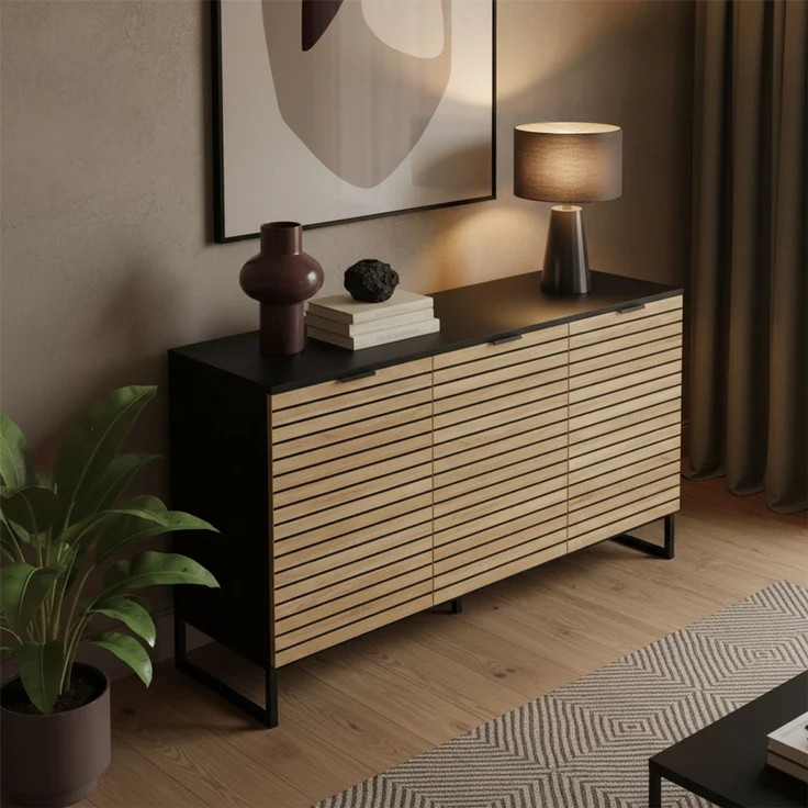 Bellamio 'Luvua' Kommode, schwarz/Eichenoptik, mit Metallfüßen, 80x40x135 cm, Sideboard mit 3 Türen und 6 Fächern – Bild 7