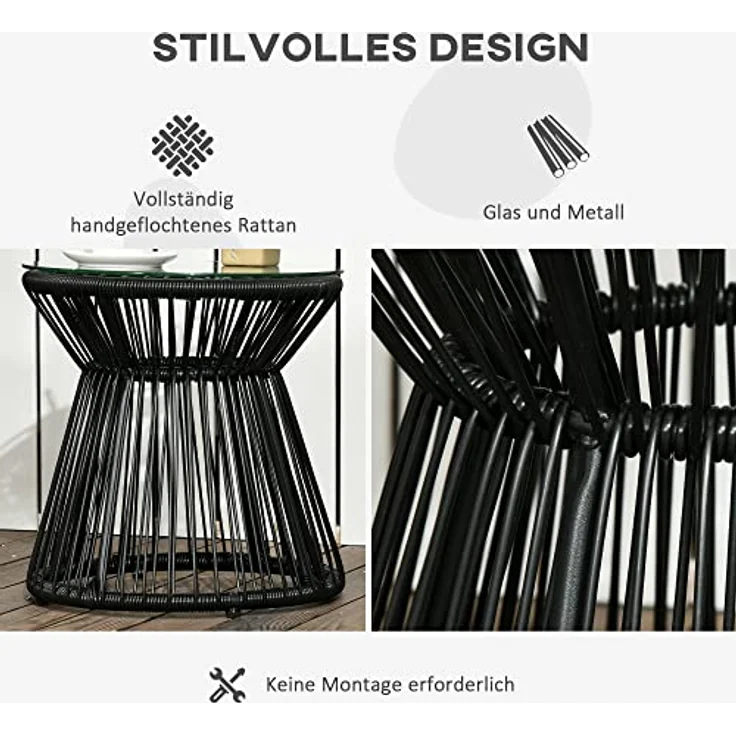 Outsunny Beistelltisch Runder Ratten Kaffeetisch, Bistrotisch mit Glastischplatte (Gartentisch, 1-St, Couchtisch), für Terrasse, Balkon, Metall, Schwarz – Bild 6