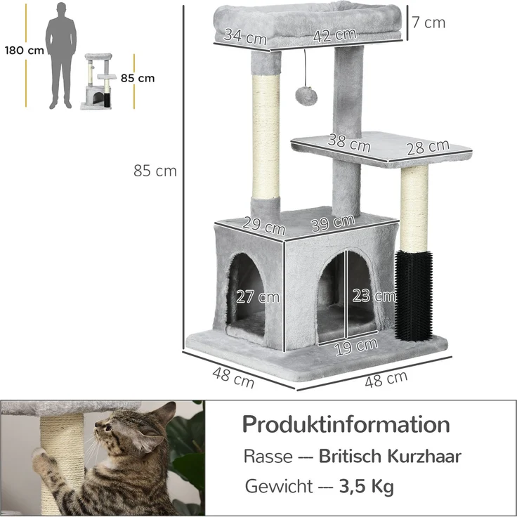 Kratzbaum mit waschbarem Katzenbett, Katzenbaum mit Katzentoilette, Spielzeug, Hellgrau, 48x48x85cm--Hellgrau--48x48x80cm--YOUDENOVA – Bild 3