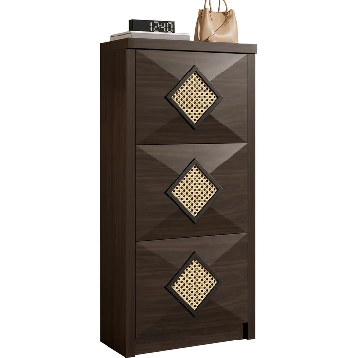 Schuhschrank, Holzoptik mit Rattan-Dekor & 3 Klappfächern, 54x25x115 cm, Walnussfarbe – Bild 7