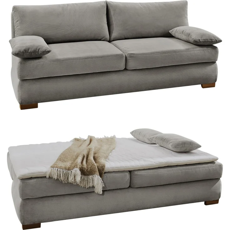 Dauer-Schlafsofa Federkern Couch mit Topper und Bettkasten in Feincord Hellgrau – Bild 1
