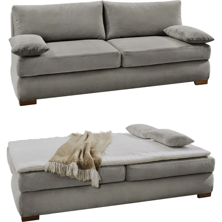 Dauer-Schlafsofa Federkern Couch mit Topper und Bettkasten in Feincord Hellgrau
