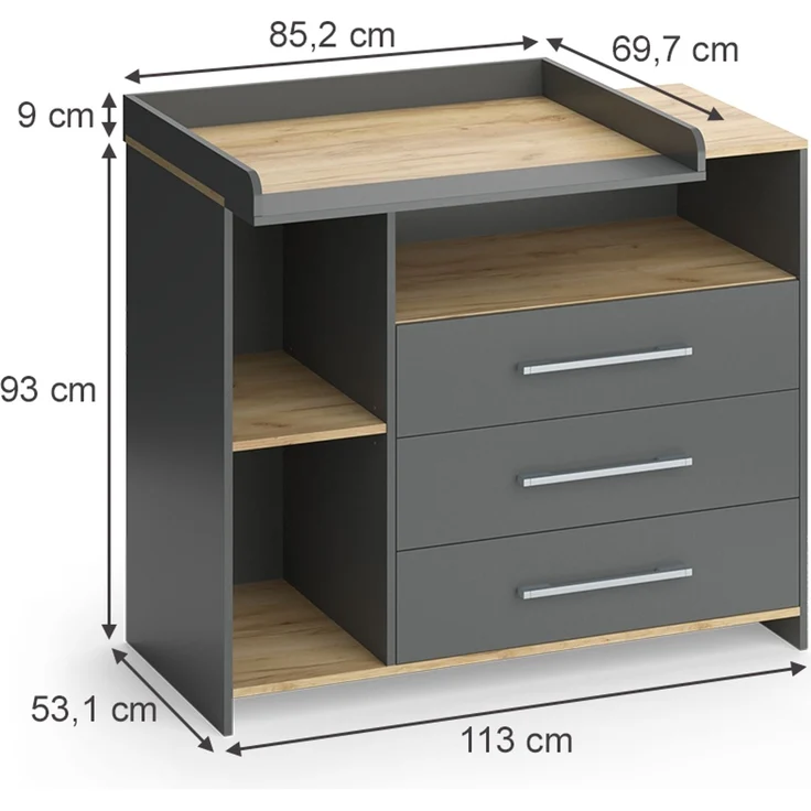 Wickelkommode Oskar Anthrazit/Goldkraft Eiche 113 x 93 cm mit 3 Schubladen Vicco – Bild 2