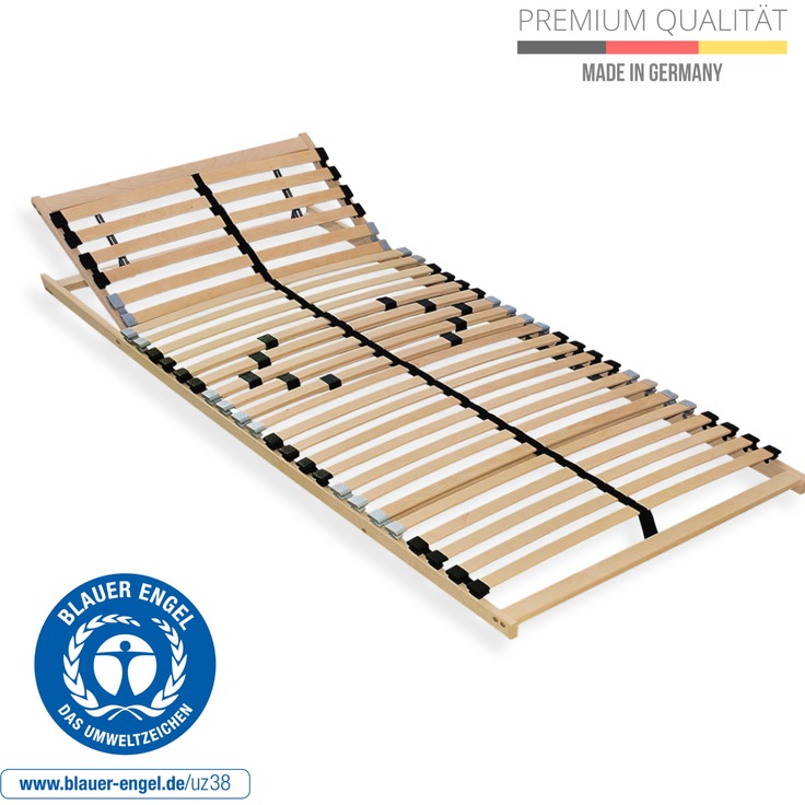 Ergonomisches 7-Zonen Lattenrost 70x200, massiver Buchenholzrahmen, 28 Federleisten, Made in Germany, verstellbares Kopfteil, bis 150 kg