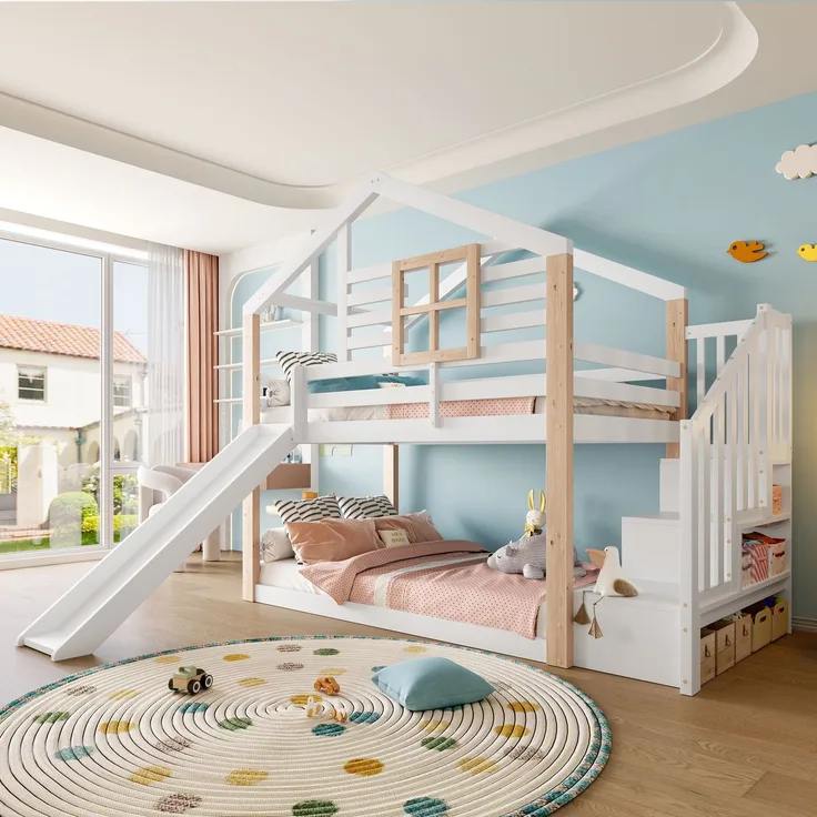 TavilaEcon Etagenbett Kinder-Etagenbett mit Rutsche und Treppe im skandinavisches Stil weiß Liegefläche 90 × 200 cm