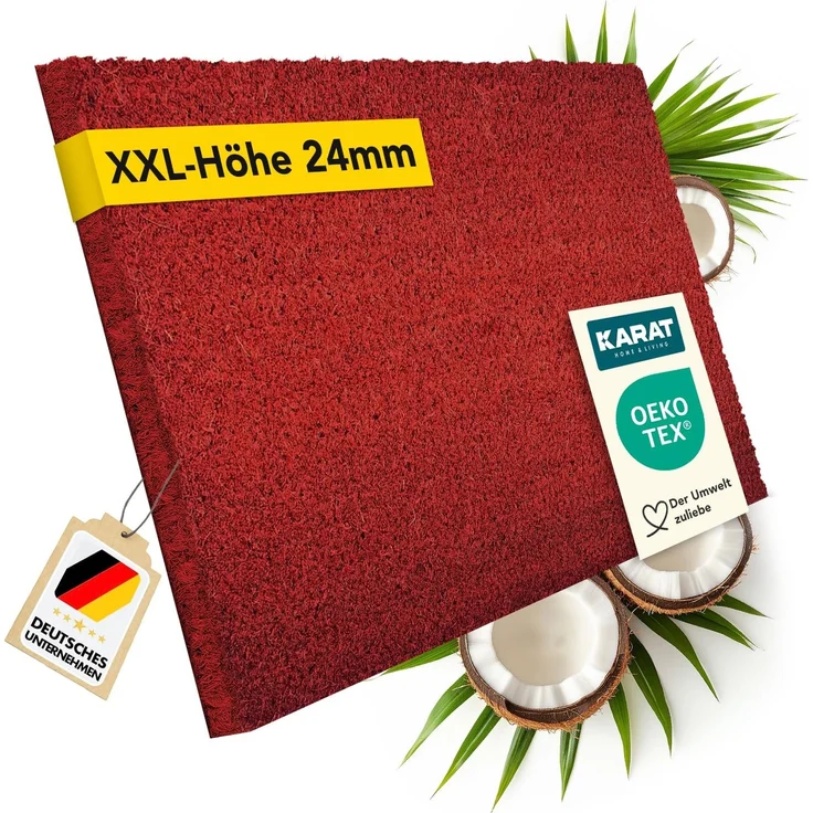 KARAT Fußmatte für Außen und Innen, 65x100 cm Rot XXL-Höhe 24mm, extra Dicke Türmate aus Kokos, Schmutzfangmatte, Kokosmatte mit Rutschfester Rückseite für Haustür, Eingang
