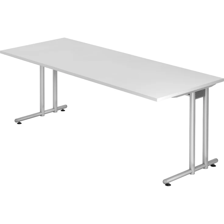 bümö Schreibtisch groß, N-Serie 200x80 cm, Tischplatte aus Holz in weiß, Gestell aus Metall in Silber - PC Tisch, großer Computertisch für's Büro, Office Bürotisch, NS-20-W-S – Bild 1