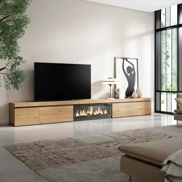 Skraut Home | TV-Schrank, Lowboard | für Wohnzimmer und Esszimmer | 368x45x35 | Elektrokamin XXL | Moderner Stil | Eiche – Bild 2