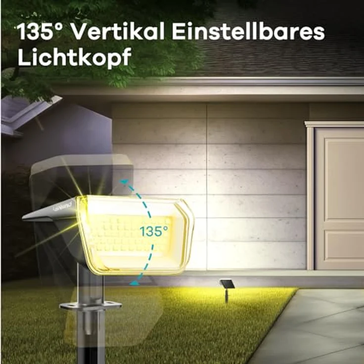 Linkind 60-Led Solar Strahler für außen Warmweiß 800Lm, Extra-lange Leuchtdauer & Intelligent Entladung, 3000K Solar Gartenleuchte mit Lade-Anzeige, IP67 LED Solar Gartenstrahler Solarlichter, 3 Stück – Bild 7