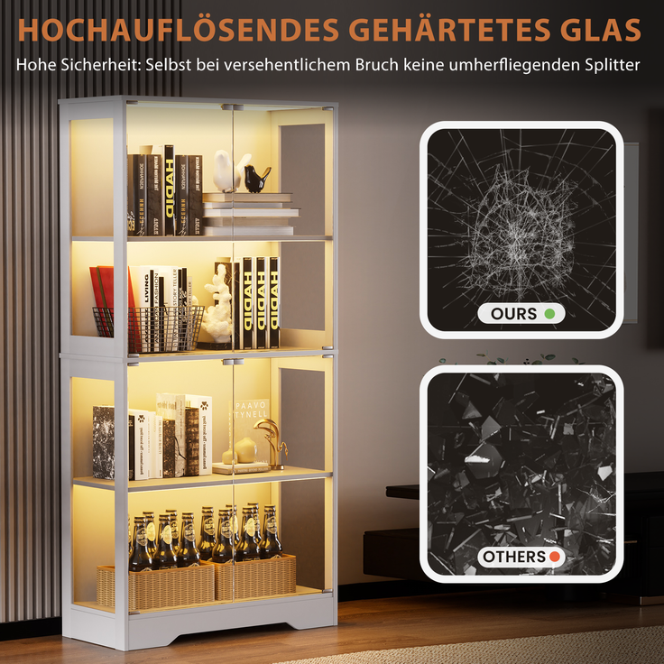 DESVIAE Vitrine mit LED-Beleuchtung und Glastüren 80x165x35 cm Glas/MDF Weiß – Bild 4