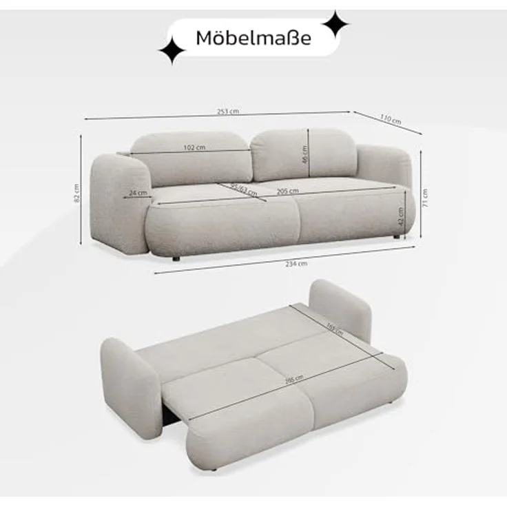 Selsey Sofa mit Schlaffunktion und Bettkasten 253x110 cm Braun Bouclé – Schlafsofa & Couch mit DL-Automatik, große Schlafcouch 165x205 cm, 3-Sitzer Sofa Bed, Polstersofa mit Stauraum – Bild 3