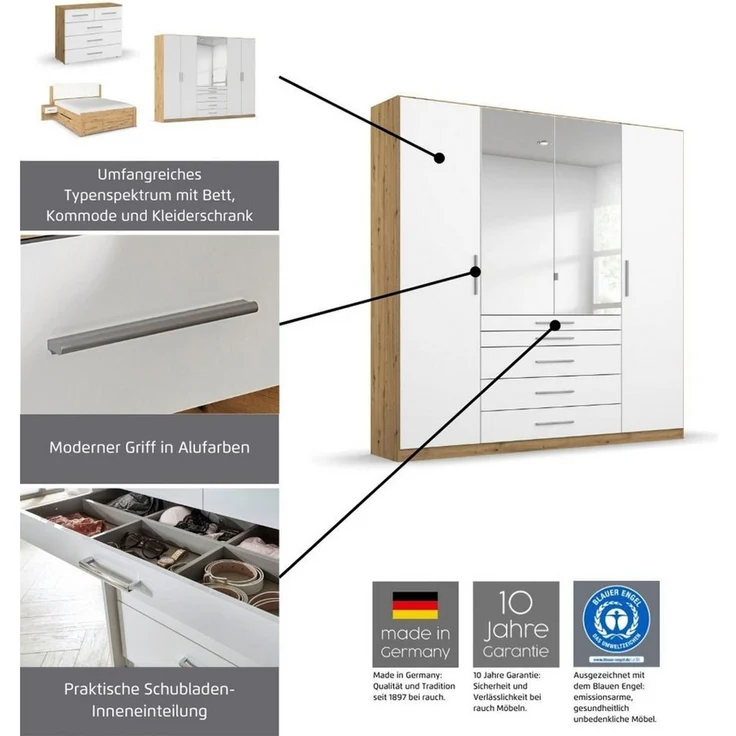 rauch Schlafzimmer-Set Komplettschlafzimmer Stauraumbett Liegefläche 180x200 MADE IN GERMANY, (Set, 4-tlg, Schrank B/H/T: 271/210/54 cm, Nachttische und Schrank inkl. SOFT-CLOSE), Schrank mit 5 Schubladen, Bettanlage mit 8 Schubladen MADE IN GERMANY – Bild 2
