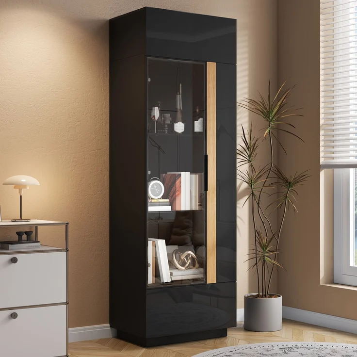 ZUBALIYA Vitrine (60 x 40 x 180 cm), LED - Beleuchtung, Glastüren, Aufbewahrung für Sammlerstücke, Geschirr und Dekoration, Schwarz – Bild 3