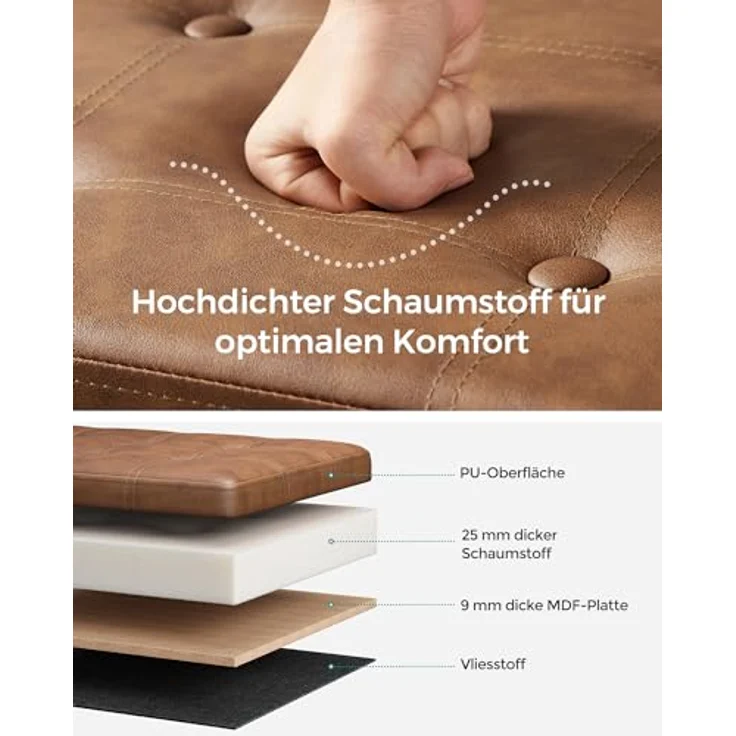 Songmics 110 cm Sitzbank mit Stauraum, Sitztruhe, Aufbewahrungsbox, Fußhocker, faltbar, gepolstert, Bezug aus PU, bis 300 kg belastbar, kaffeebraun LSF070K01V1 – Bild 6