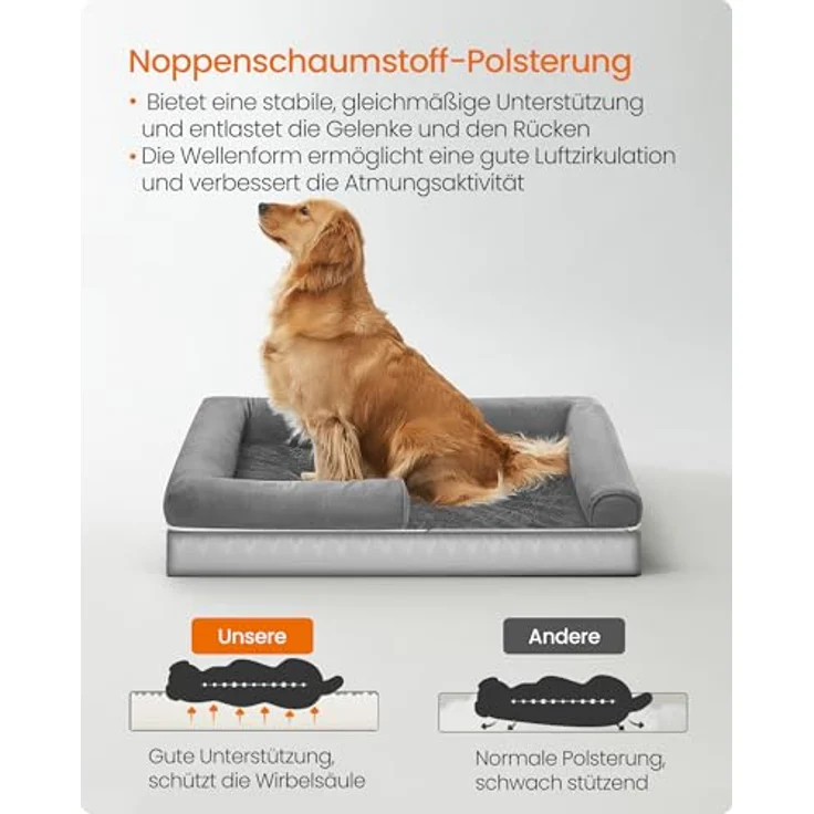 Feandrea Orthopädisches Hundebett, Hundekissen, Hundekorb, weiche Polsterung, Hundesofa, erhöhte Ränder, Bezug abnehmbar und waschbar, 112 x 86 x 18 cm, rutschfeste Unterseite, hellgrau PGW068G02V1 – Bild 4