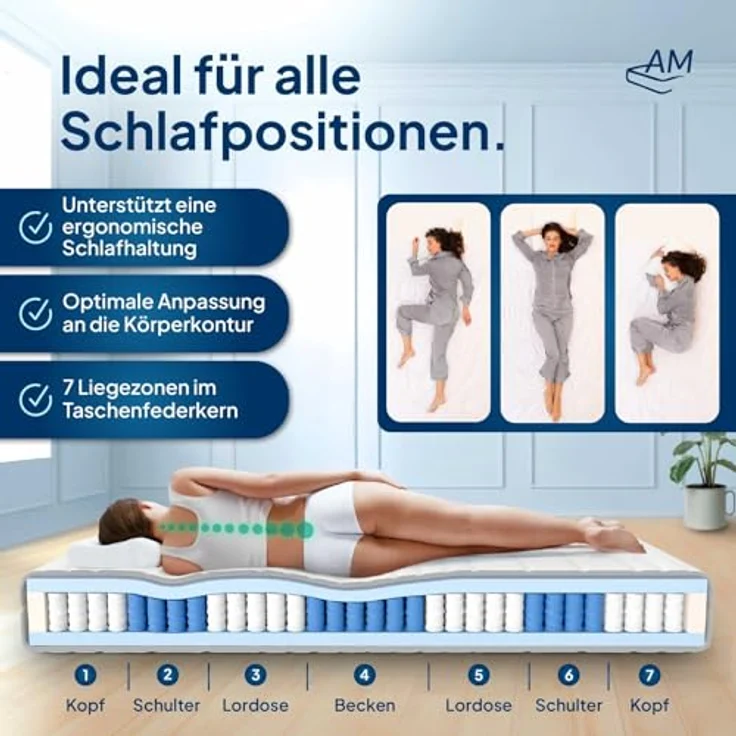 Taschenfederkernmatratze 7-Zonen Federkernmatratze, Orthopädische Matratze, Made in Germany, AM Qualitätsmatratzen, 20 cm hoch, 90x200 cm – Bild 3