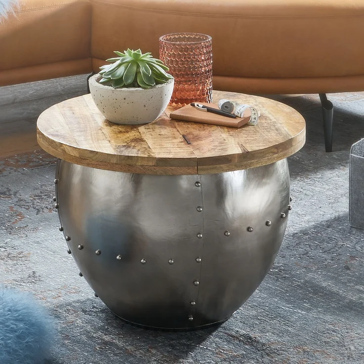 Wohnling Runder Couchtisch im Industrial Style, Mango Massivholz/Metall Silber, 60 x 43 x 60 cm – Bild 3