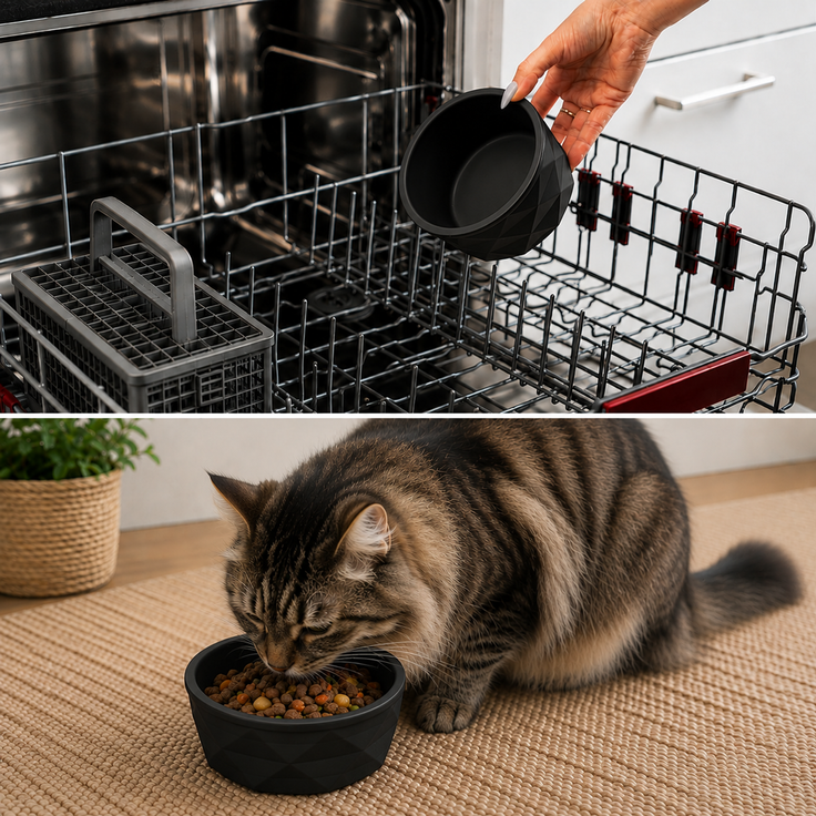 belviona Katzennapf aus Keramik, rutschfester Futter- & Wassernapf mit Silikonboden, robust & spülmaschinengeeignet, 550 ml, schwarz matt – Bild 3