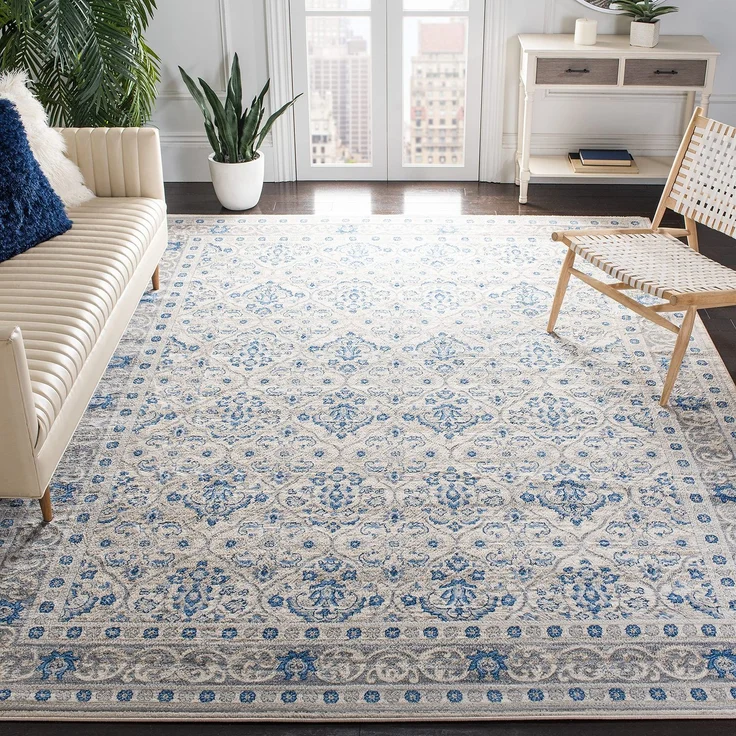 Safavieh Traditionell Teppich für Wohnzimmer, Esszimmer, Schlafzimmer - Brentwood Collection, Kurzer Flor, Hellgrau und Blau, 91 X 152 cm