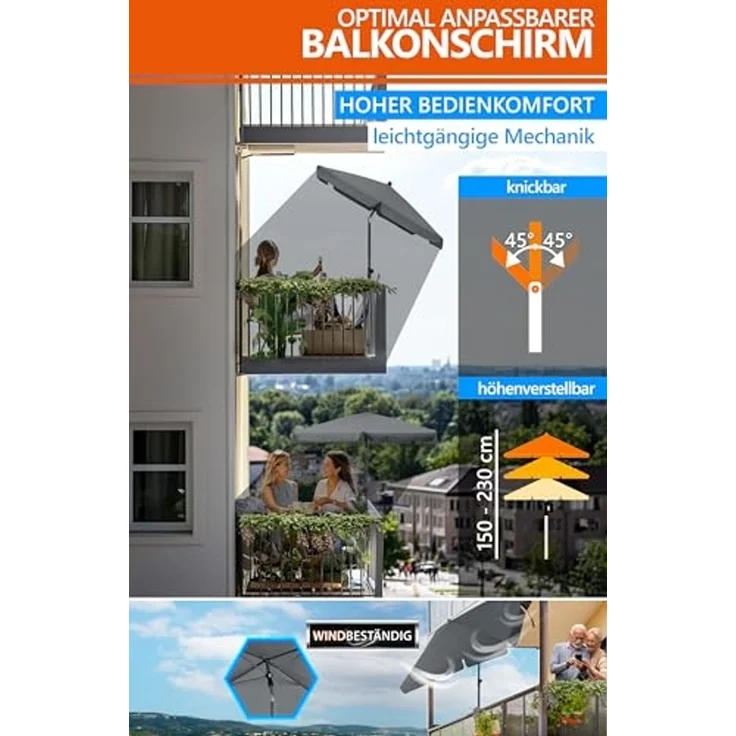 4smile Sonnenschirm Balkon SunnyShade, 200x125 cm, Anthrazit - UPF 50+ Sonnenschirm rechteckig als Sonnenschutz Balkon - SunnyEasy Balkon-Schirm mit 2 x Sonnenschirmhalter + Sonnenschirmhülle – Bild 6