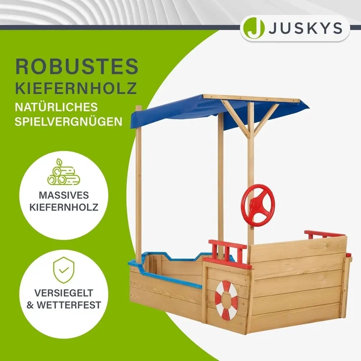 Juskys 'Käpt’n Pit Piratenschiff' Sandkasten mit Dach & Sitzbank, Holz natur, 70 x 160 x 120 cm – Bild 5