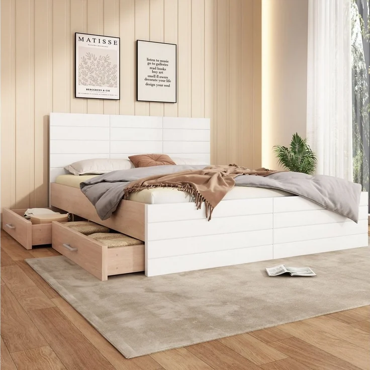 SOFTWEARY Massivholzbett mit Schubladen und Lattenrost (140x200 cm), Kopfteil, Kiefer – Bild 4
