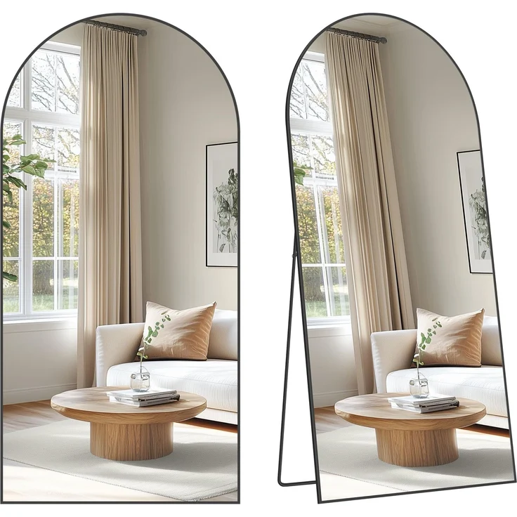 SONGMICS Ganzkörperspiegel, 180x80 cm, Bogen-Standspiegel, Rahmen aus Aluminiumlegierung, Hartglas, für Schlafzimmer, Wohnzimmer, Garderobe, Mattschwarz LFM061BD01